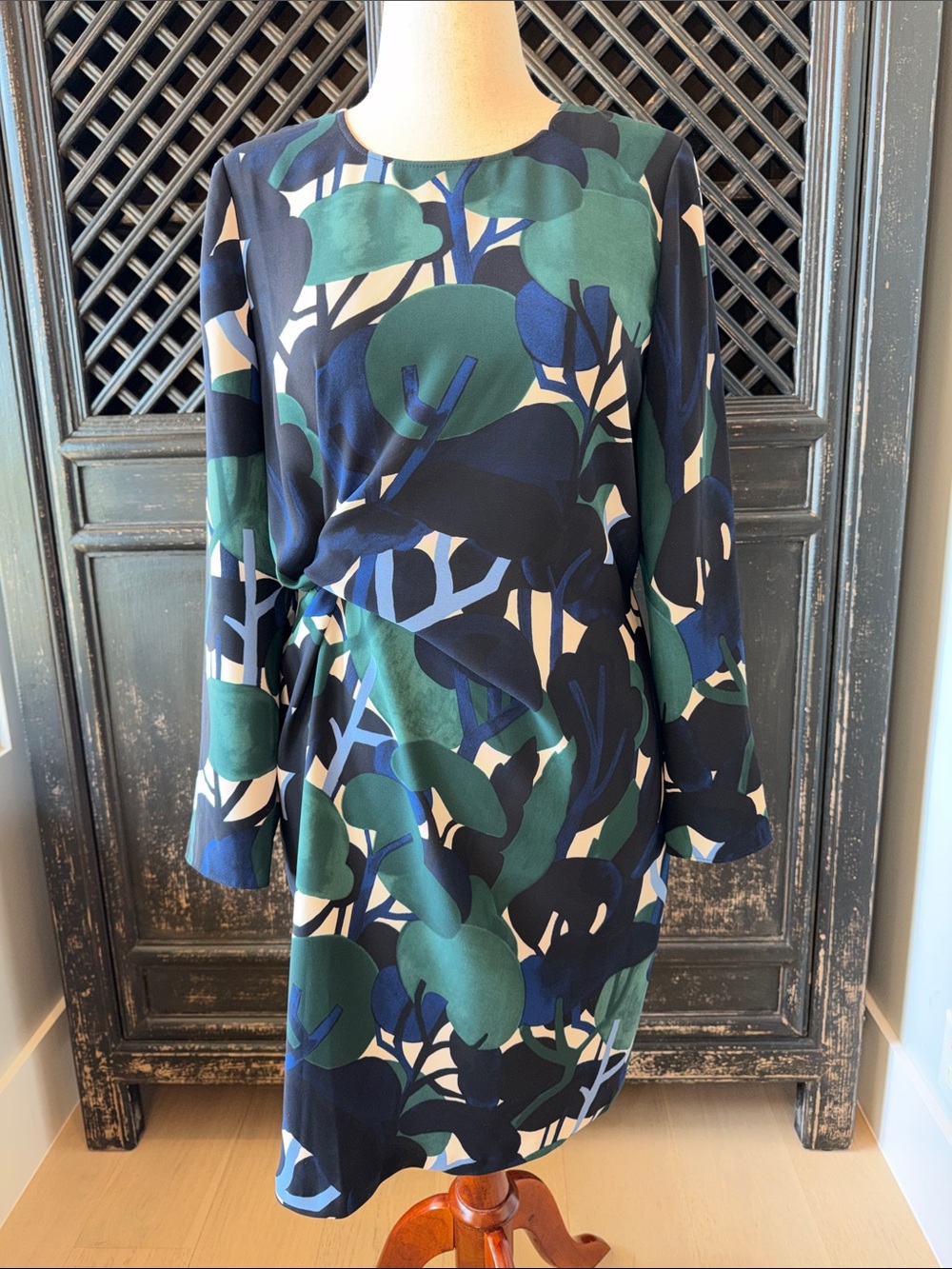 Ann Taylor Navy, Green & Cream Abstract Asymmetrical Dress